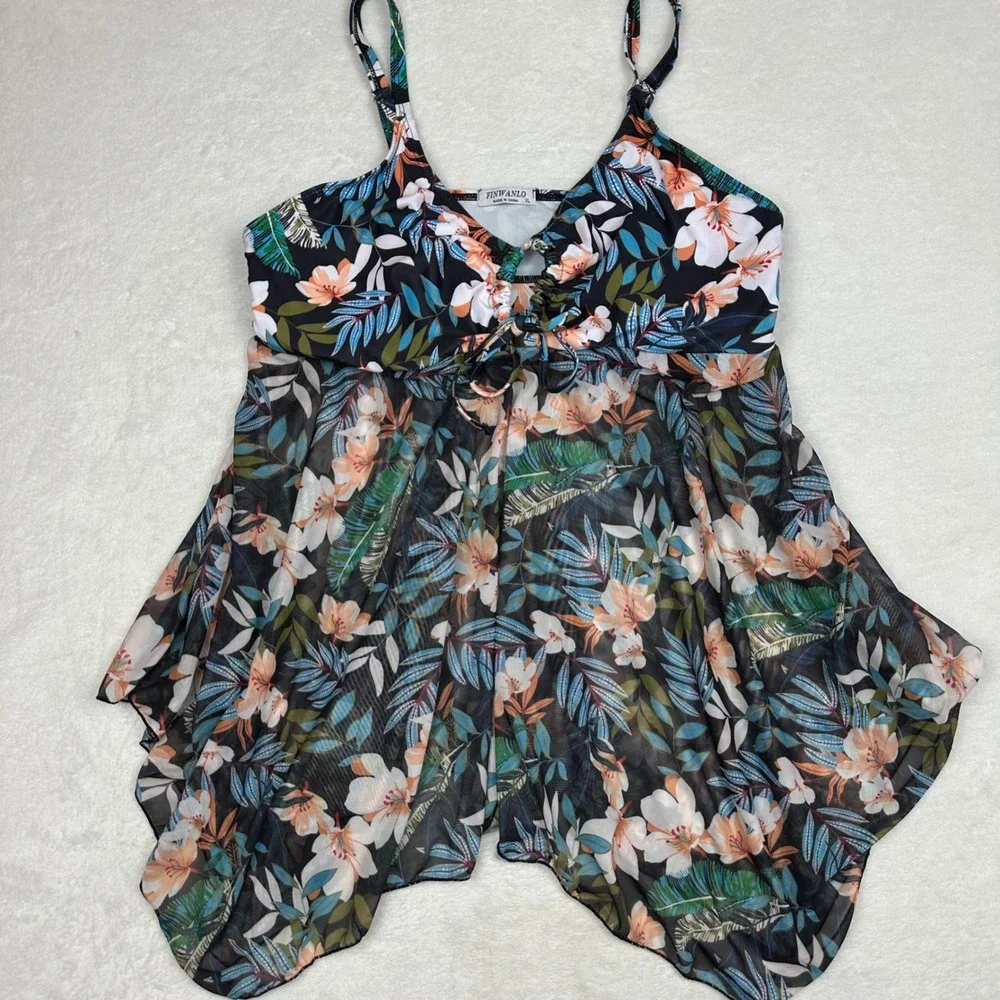 Finwanlo‎ Womens XL Tropical Floral Tankini Set Mesh Handkerchief Top Boy Shorts